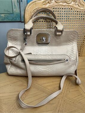 Longchamp Cream Textured Leather Satchel with Removable Strap